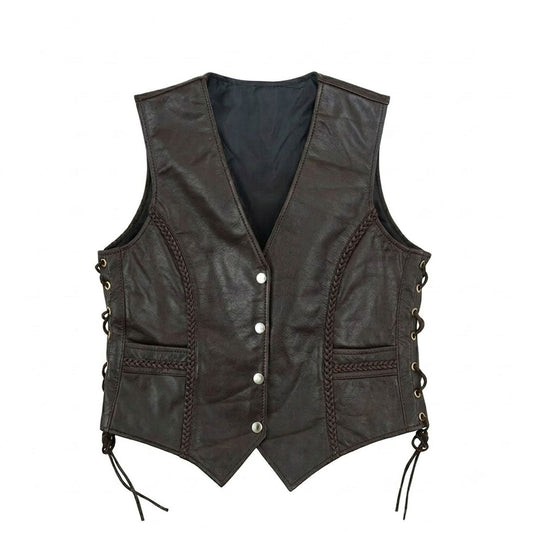 Women's dark brown braided leather biker vest front