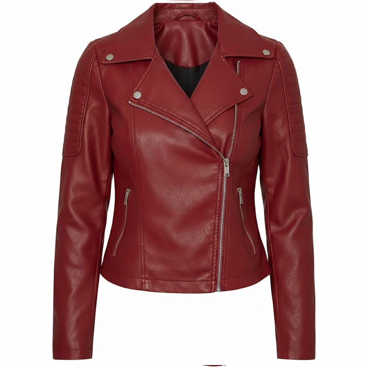 Women’s red leather biker jacket front view slim fit asymmetrical zip closure cropped moto style premium genuine leather
