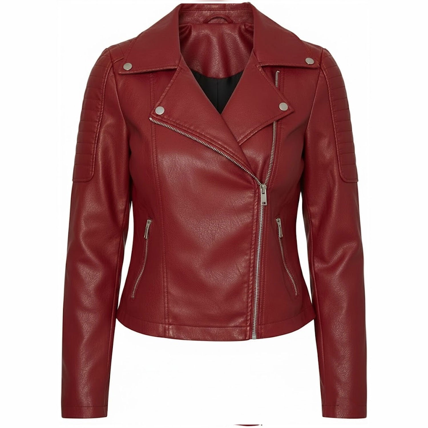 Women’s red leather biker jacket front view slim fit asymmetrical zip closure cropped moto style premium genuine leather