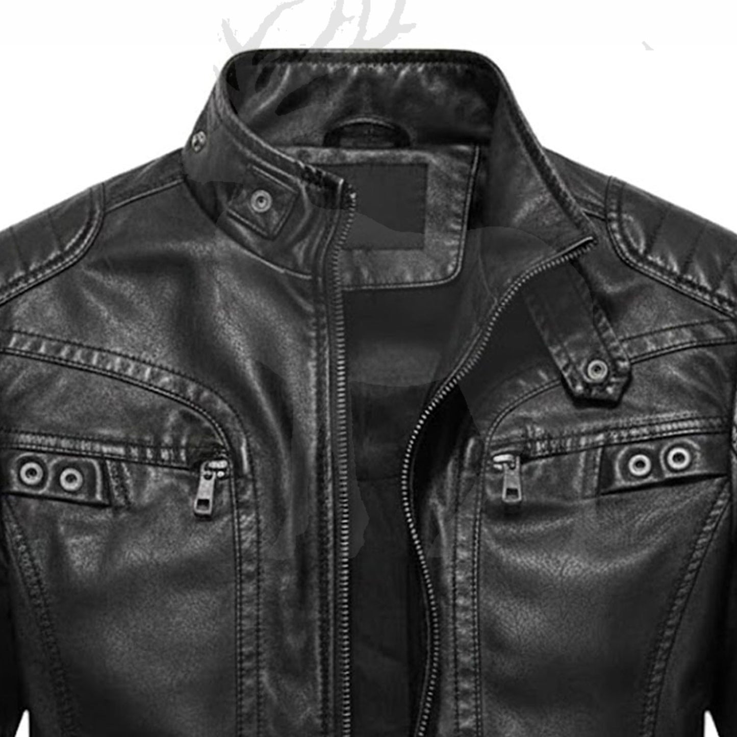 Close up stand collar black leather jacket with snap button biker cafe racer style premium genuine leather detail