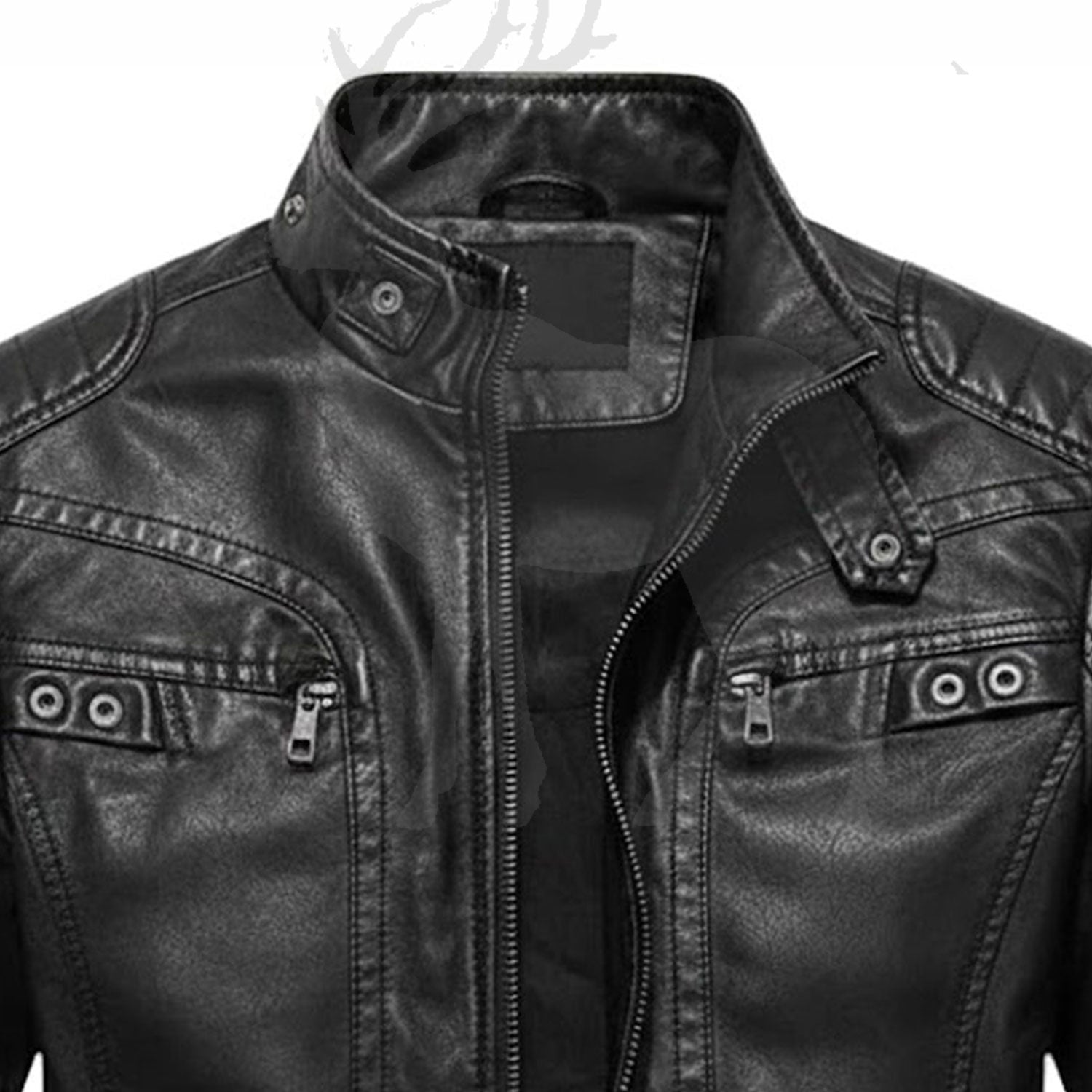 Close up stand collar black leather jacket with snap button biker cafe racer style premium genuine leather detail