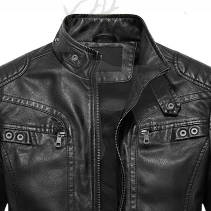 Close up stand collar black leather jacket with snap button biker cafe racer style premium genuine leather detail