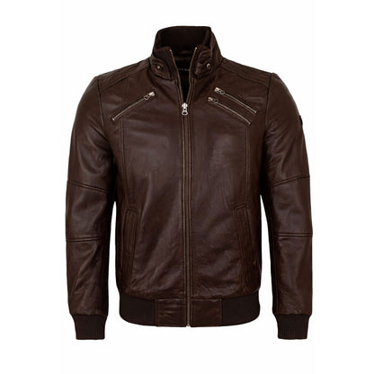Men’s brown leather bomber jacket front view zip up closure slim fit cafe racer style ribbed waist genuine leather