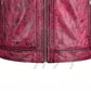 Close up lower zipper detail on red distressed leather biker jacket slim fit moto style premium metal zipper vintage leather finish