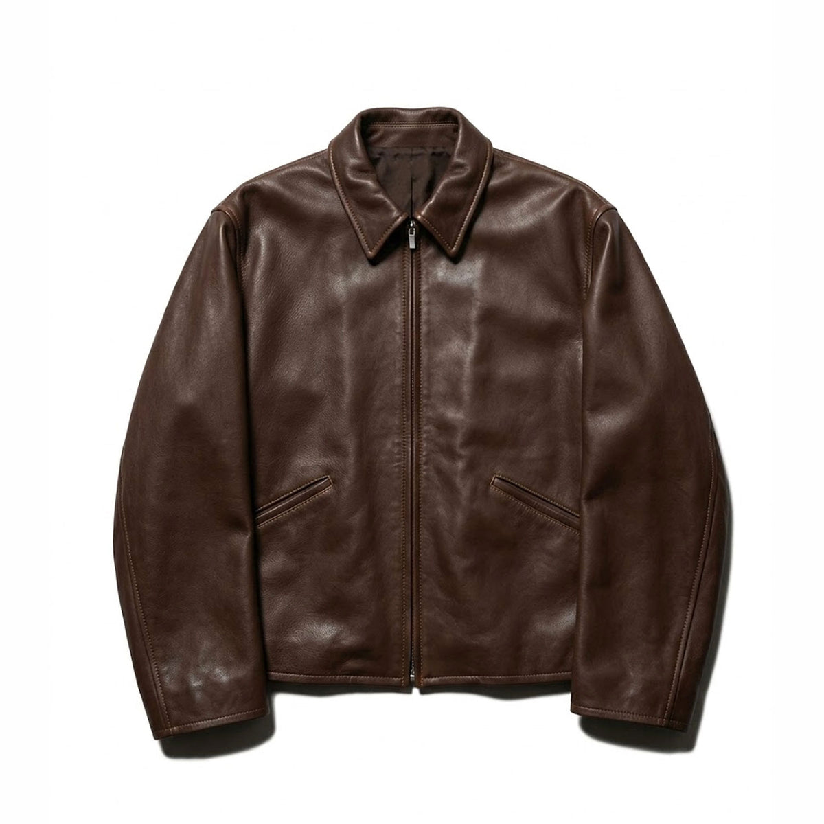 Men’s brown leather jacket front view 