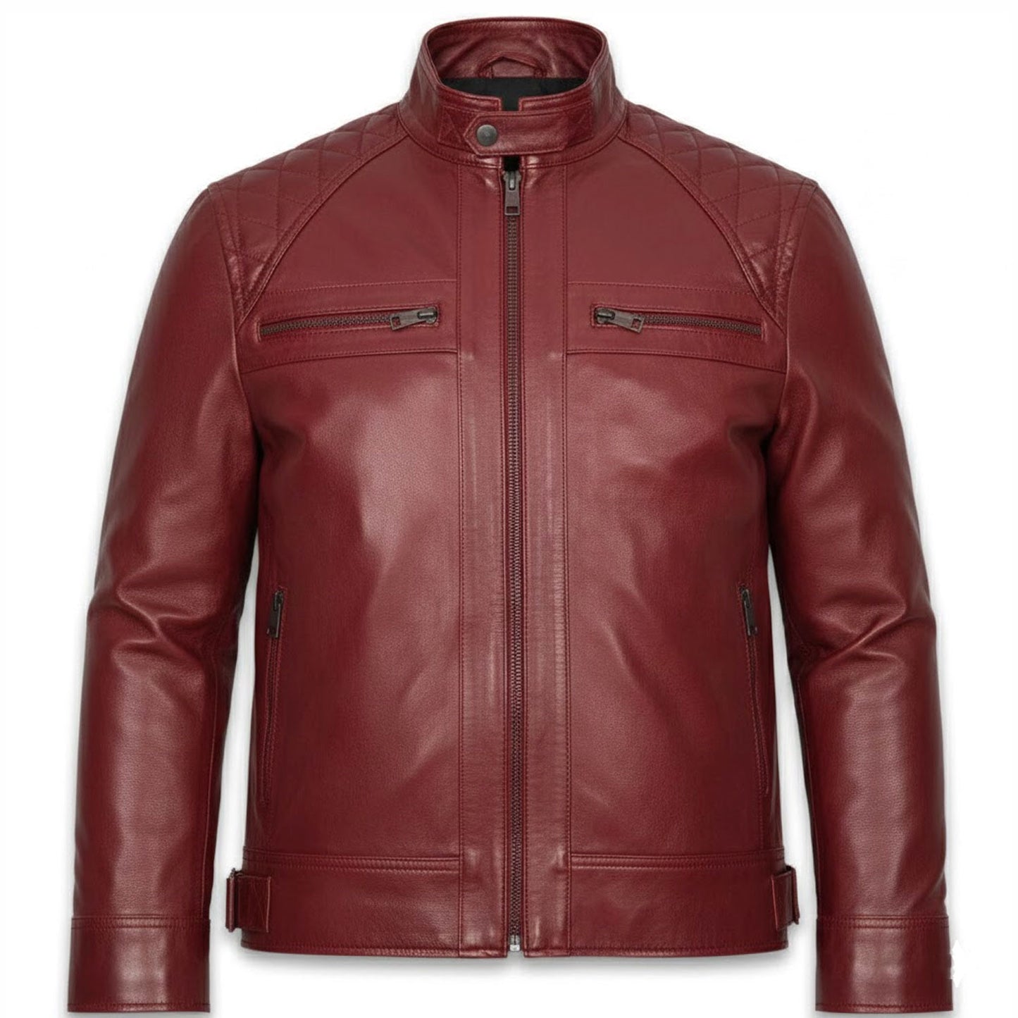 Bold men’s red leather jacket front view slim fit biker style stand collar quilted shoulders premium zipper jacket