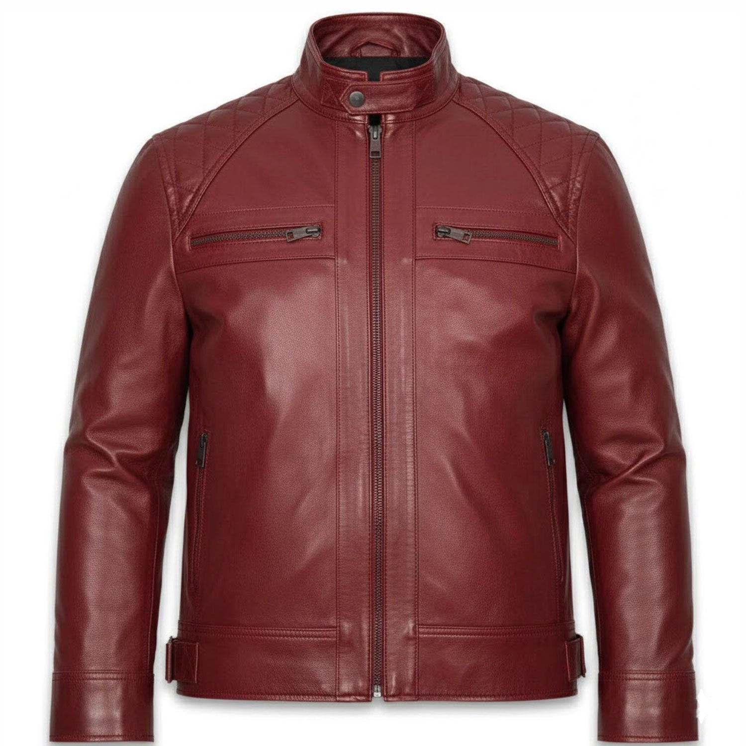 Bold men’s red leather jacket front view slim fit biker style stand collar quilted shoulders premium zipper jacket