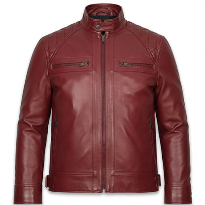 Bold men’s red leather jacket front view slim fit biker style stand collar quilted shoulders premium zipper jacket