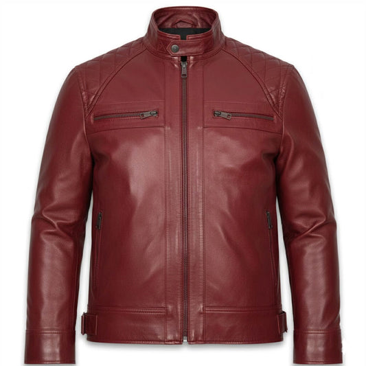 Bold men’s red leather jacket front view slim fit biker style stand collar quilted shoulders premium zipper jacket