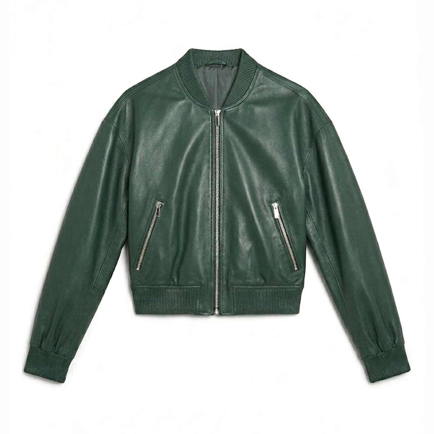 Green leather bomber jacket front view minimalist zip up design ribbed hem cuffs collar premium unisex streetwear style genuine leather