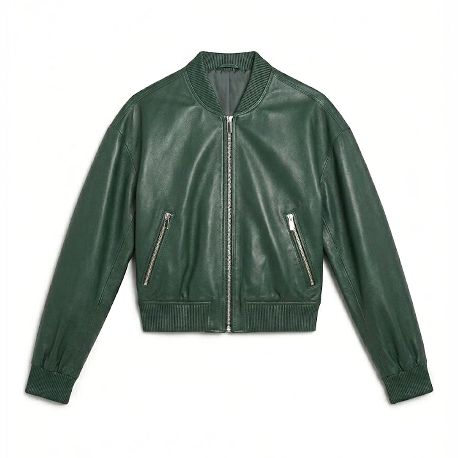Green leather bomber jacket front view minimalist zip up design ribbed hem cuffs collar premium unisex streetwear style genuine leather