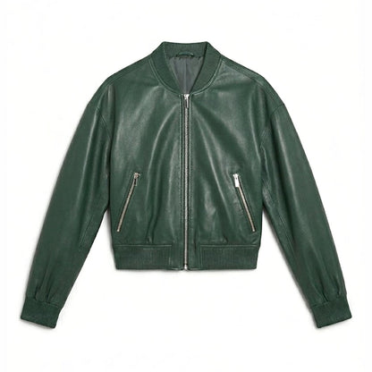 Green leather bomber jacket front view minimalist zip up design ribbed hem cuffs collar premium unisex streetwear style genuine leather