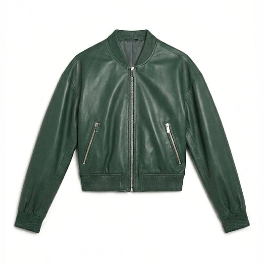 Green leather bomber jacket front view minimalist zip up design ribbed hem cuffs collar premium unisex streetwear style genuine leather