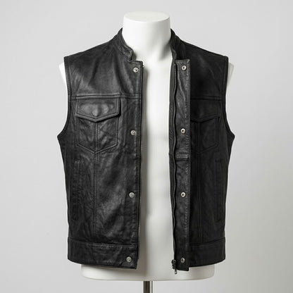 Black leather vest snap button closure detail