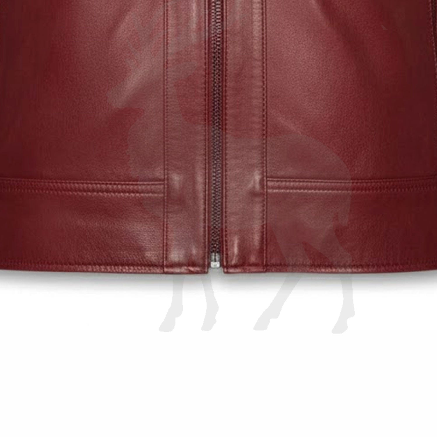 Close up lower front zipper detail on men’s red leather biker jacket slim fit design with premium metal zipper and smooth leather finish