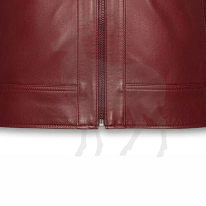 Close up lower front zipper detail on men’s red leather biker jacket slim fit design with premium metal zipper and smooth leather finish