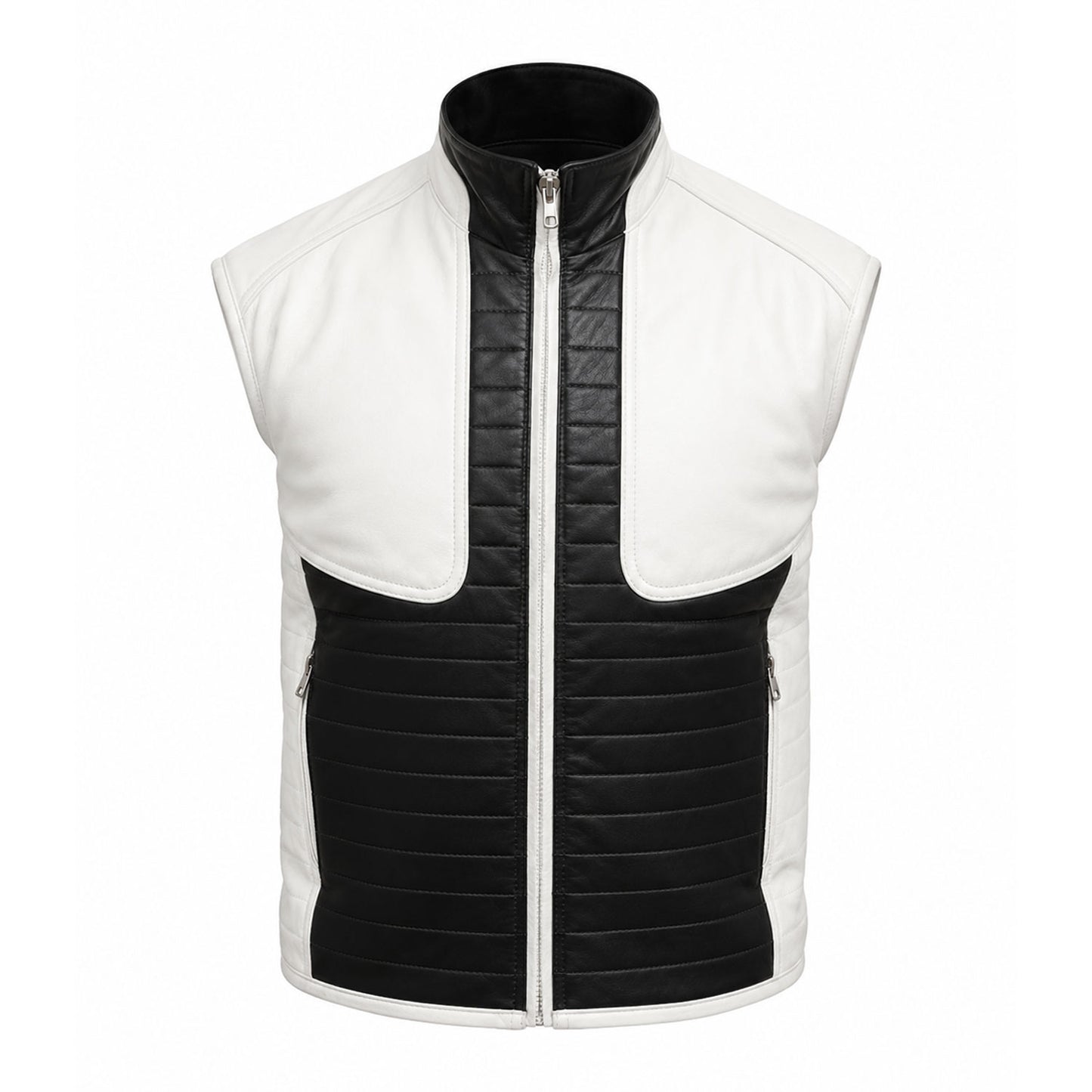 Men's black and white leather streetwear vest front