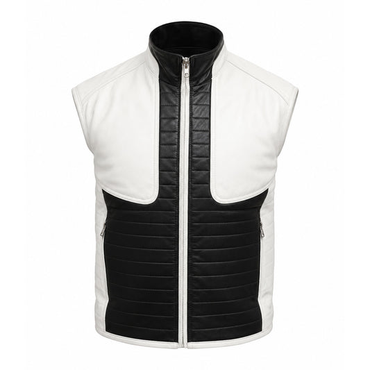 Men's black and white leather streetwear vest front