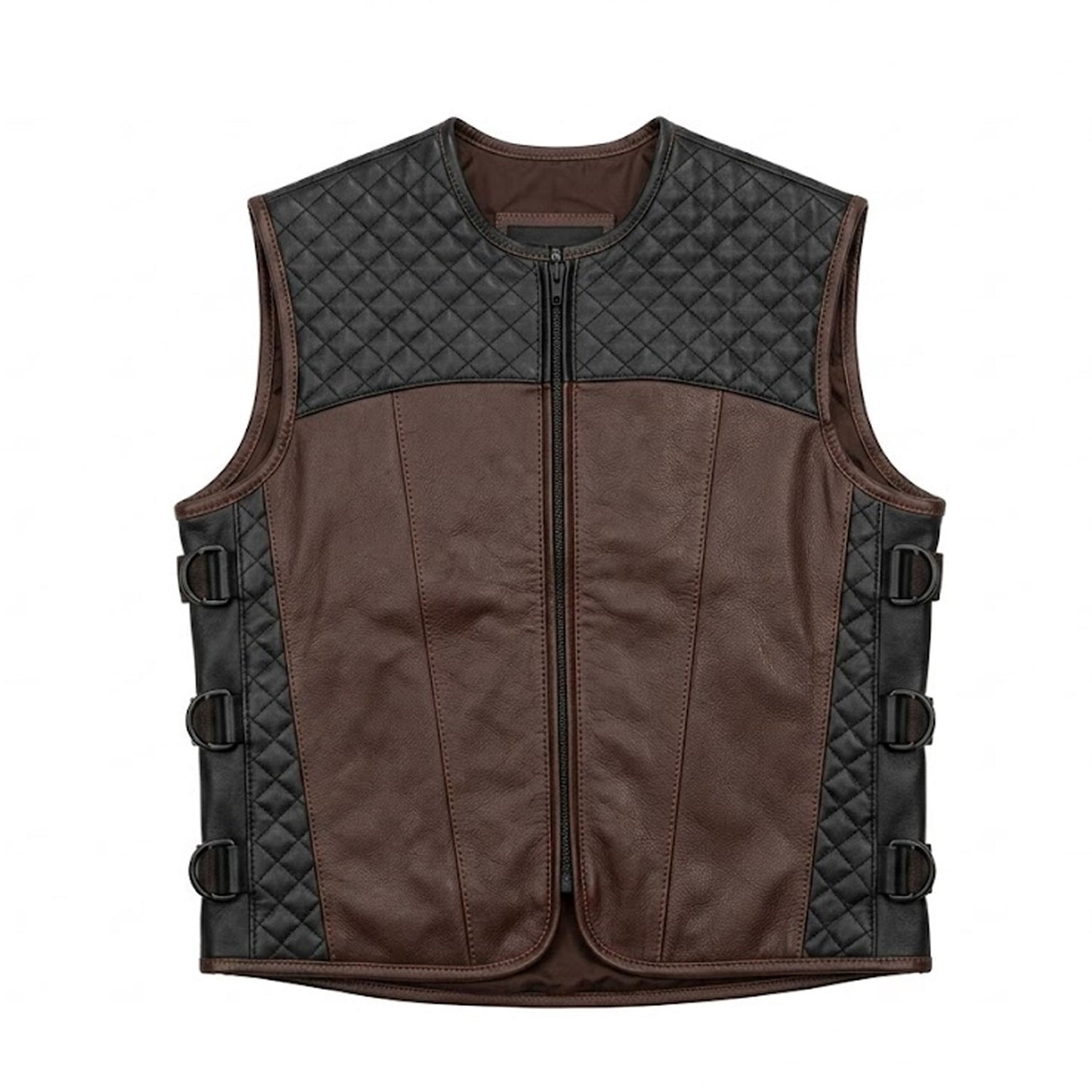 Men's brown quilted leather biker vest front view