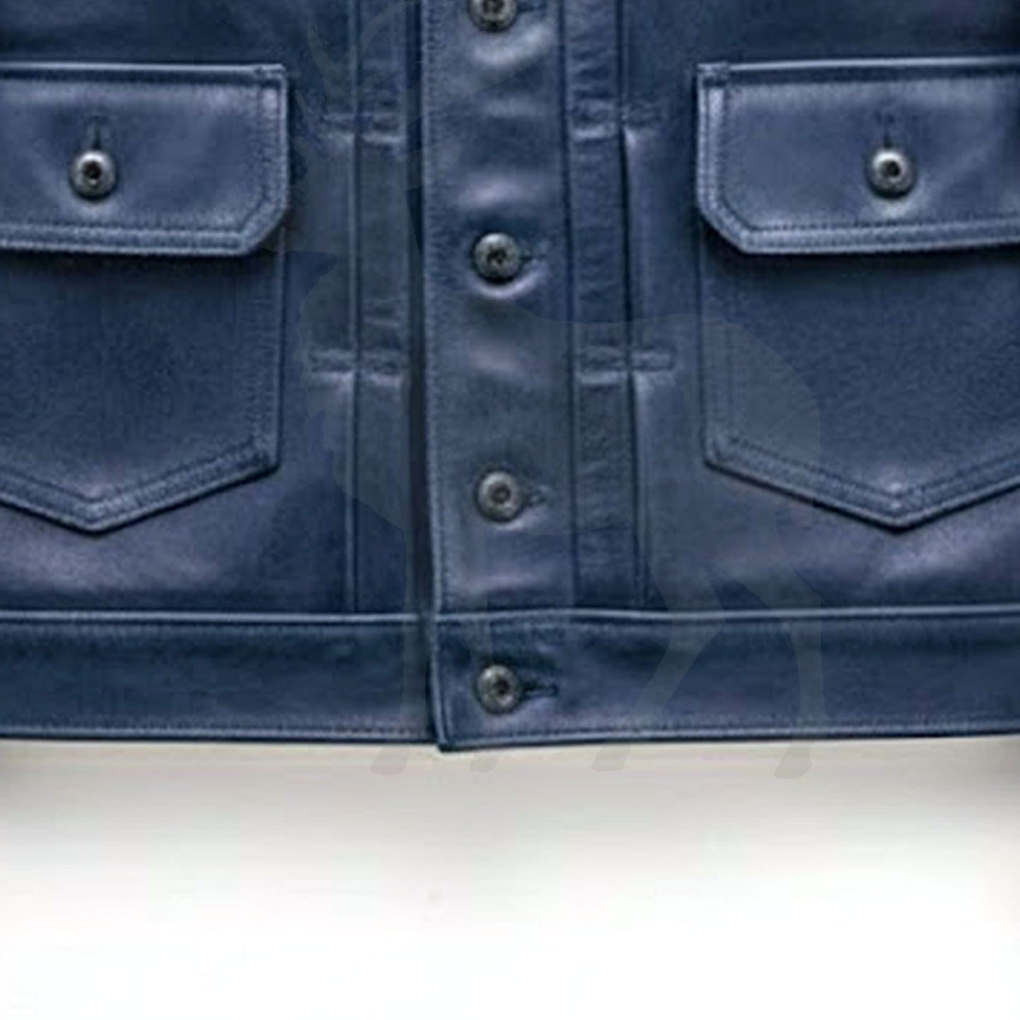 Close up lower front button detail on men’s blue genuine leather shirt jacket with classic vintage style design
