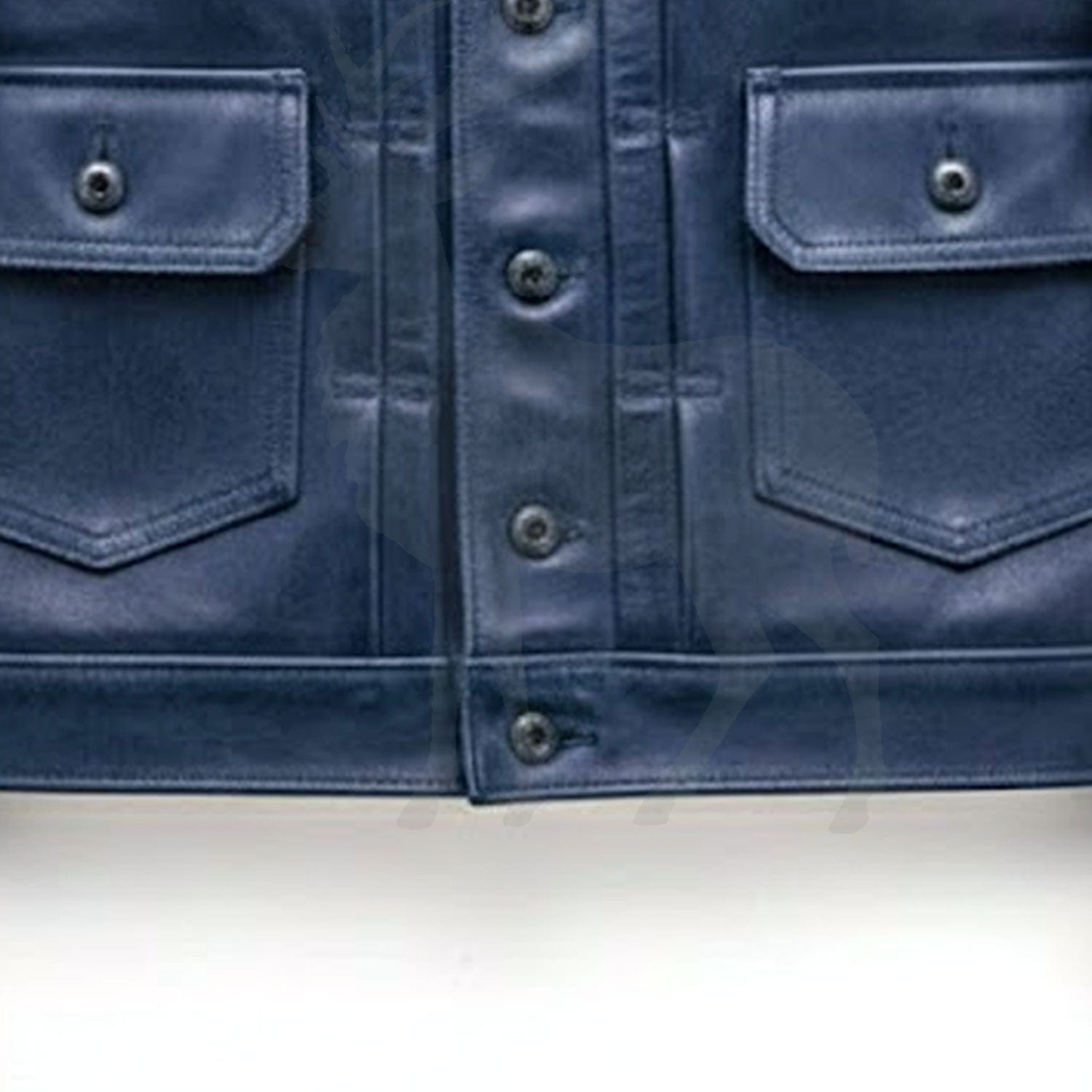 Close up lower front button detail on men’s blue genuine leather shirt jacket with classic vintage style design