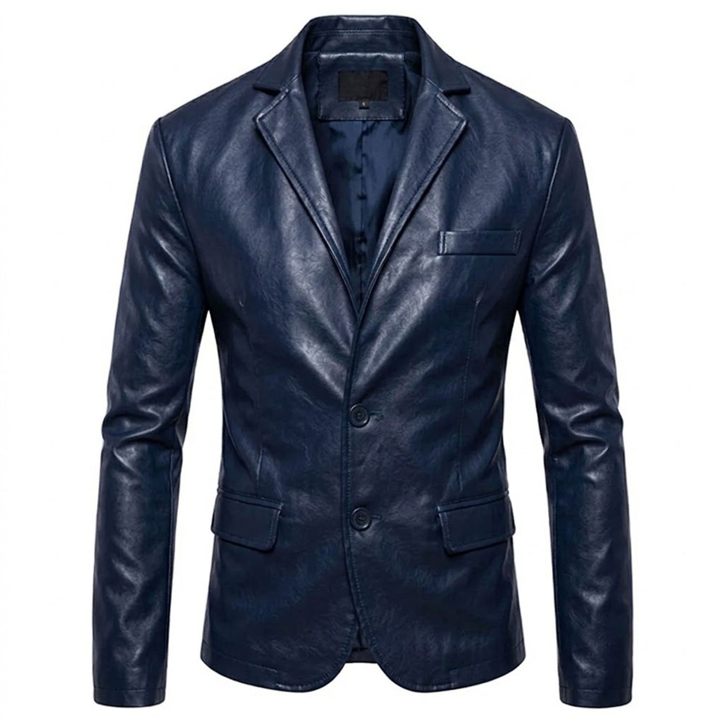 Men’s navy blue leather blazer front view slim fit tailored design genuine leather button front formal casual style