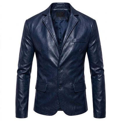 Men’s navy blue leather blazer front view slim fit tailored design genuine leather button front formal casual style