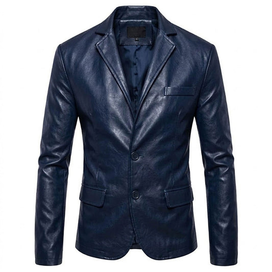 Men’s navy blue leather blazer front view slim fit tailored design genuine leather button front formal casual style