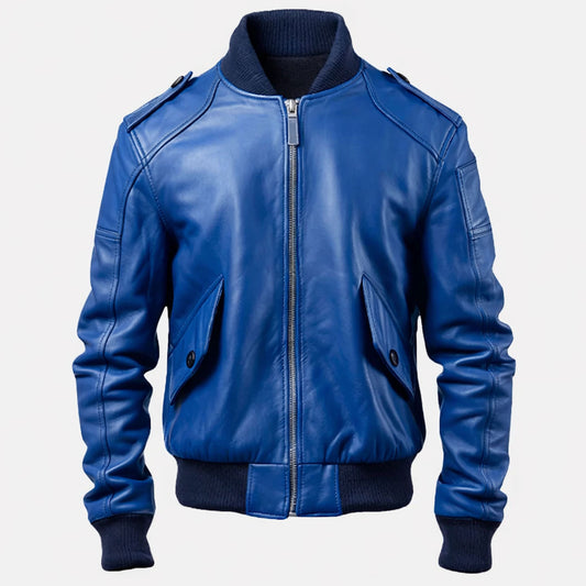 Men’s blue leather bomber jacket front view ribbed collar zip up aviator style premium genuine leather outerwear
