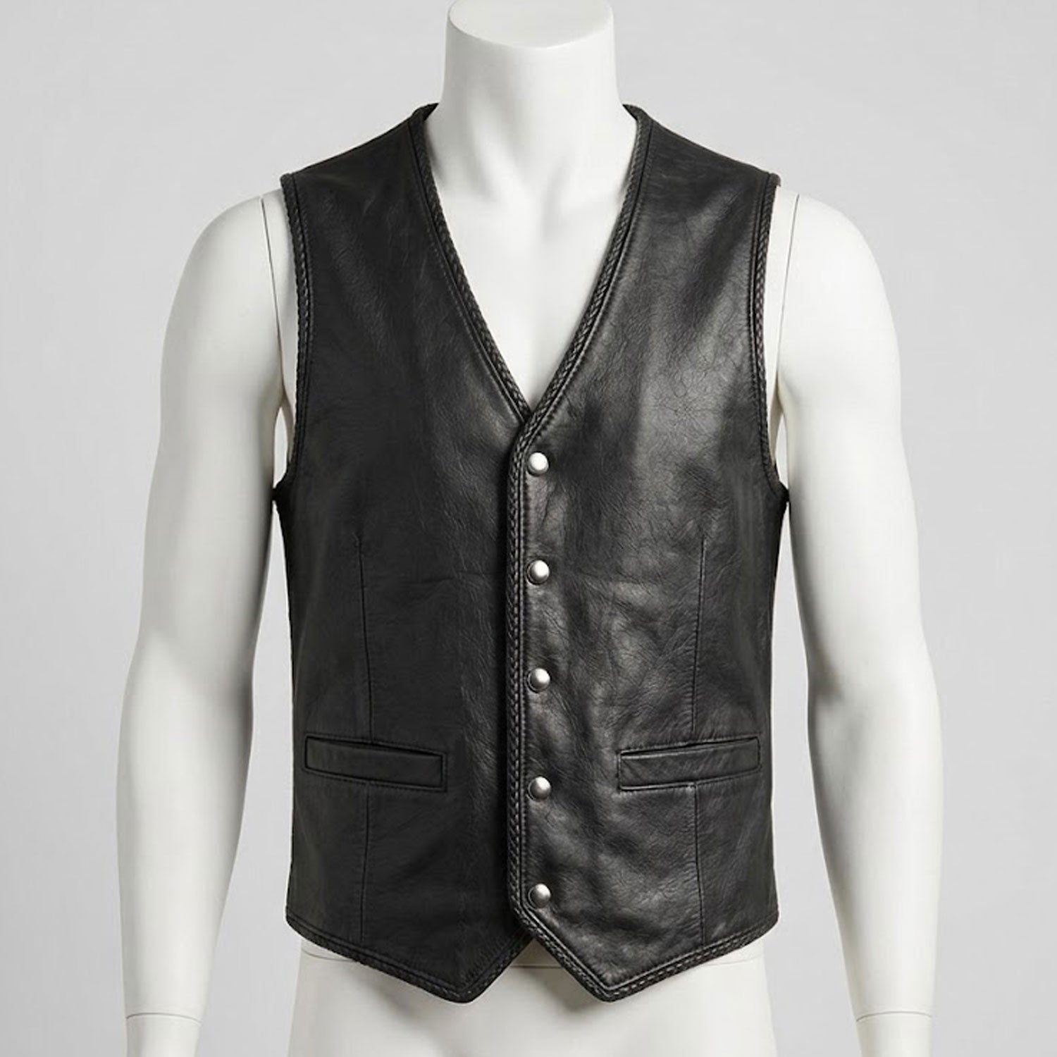 Men's black leather formal vest front view