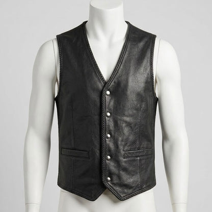 Men's black leather formal vest front view