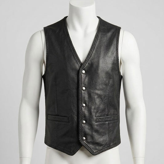 Men's black leather formal vest front view