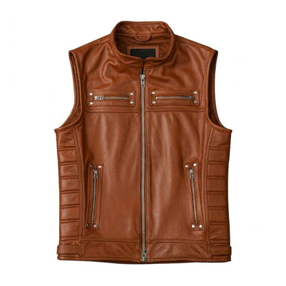 Men's brown full grain leather zipper biker vest front