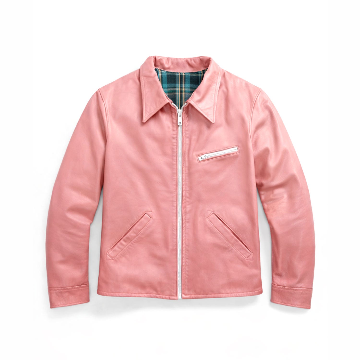 Women’s pink leather jacket front view vintage biker style zip up design classic collar soft leather finish chic fashion jacket