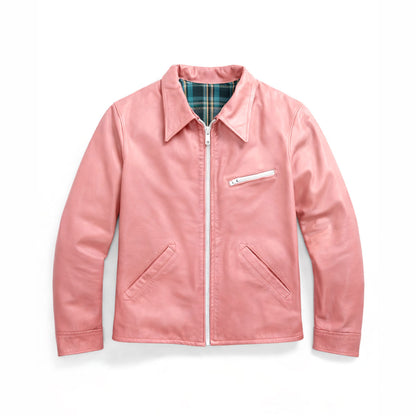 Women’s pink leather jacket front view vintage biker style zip up design classic collar soft leather finish chic fashion jacket