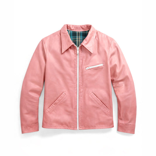 Women’s pink leather jacket front view vintage biker style zip up design classic collar soft leather finish chic fashion jacket