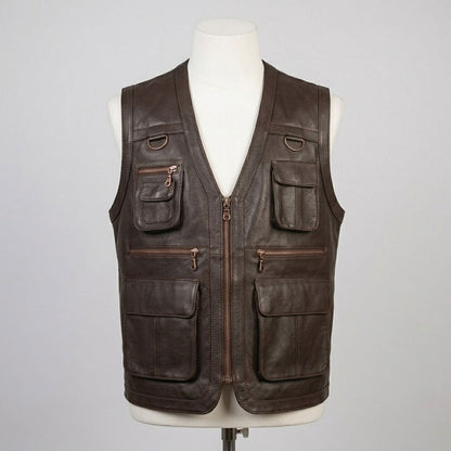 Dark brown leather vest flap pocket close-up

