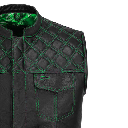 top shoulder and chest pocket detail with green diamond stitching on leather vest