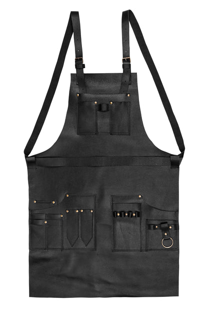 Full view of black leather apron for barbers.