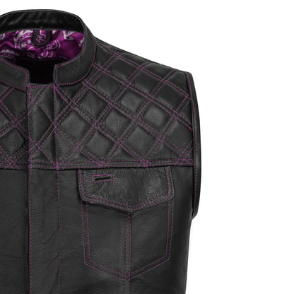 top shoulder and chest pocket detail with pink diamond stitching on leather vest