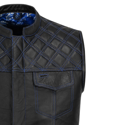 top shoulder and chest pocket detail with blue diamond stitching on leather vest