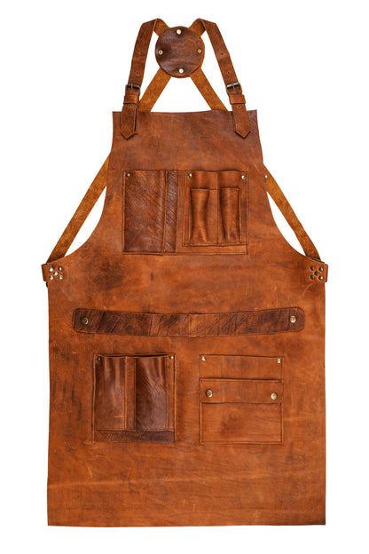 Full front view of brown leather work apron with tool storage