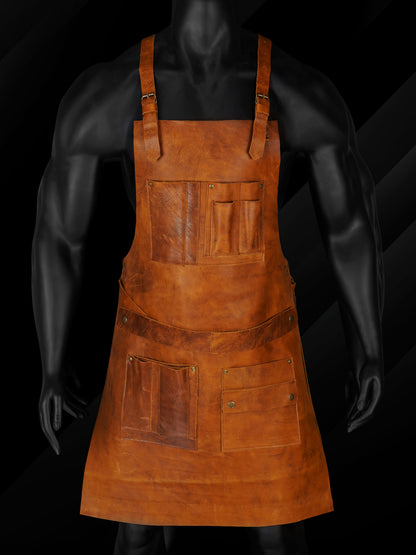 Front view of premium handmade leather work apron with utility pockets for men