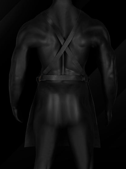 Back view of cross-back leather barber apron