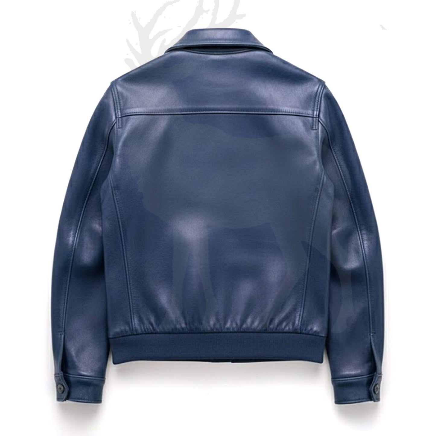 Men’s blue leather jacket back view classic shirt jacket design clean finish genuine leather