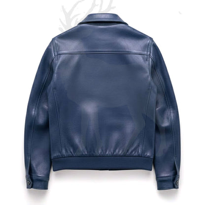 Men’s blue leather jacket back view classic shirt jacket design clean finish genuine leather