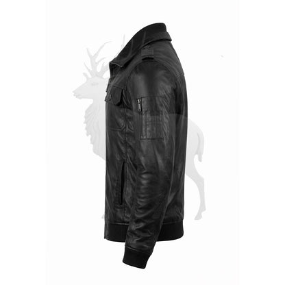 Men’s black leather bomber jacket side view slim fit silhouette ribbed cuffs casual biker fashion jacket
