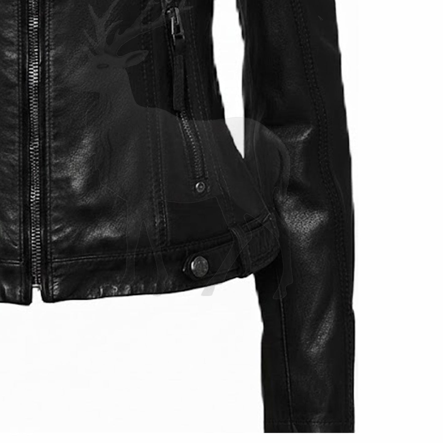 Close up sleeve detail of women’s black hooded leather jacket premium stitching smooth leather biker style finish