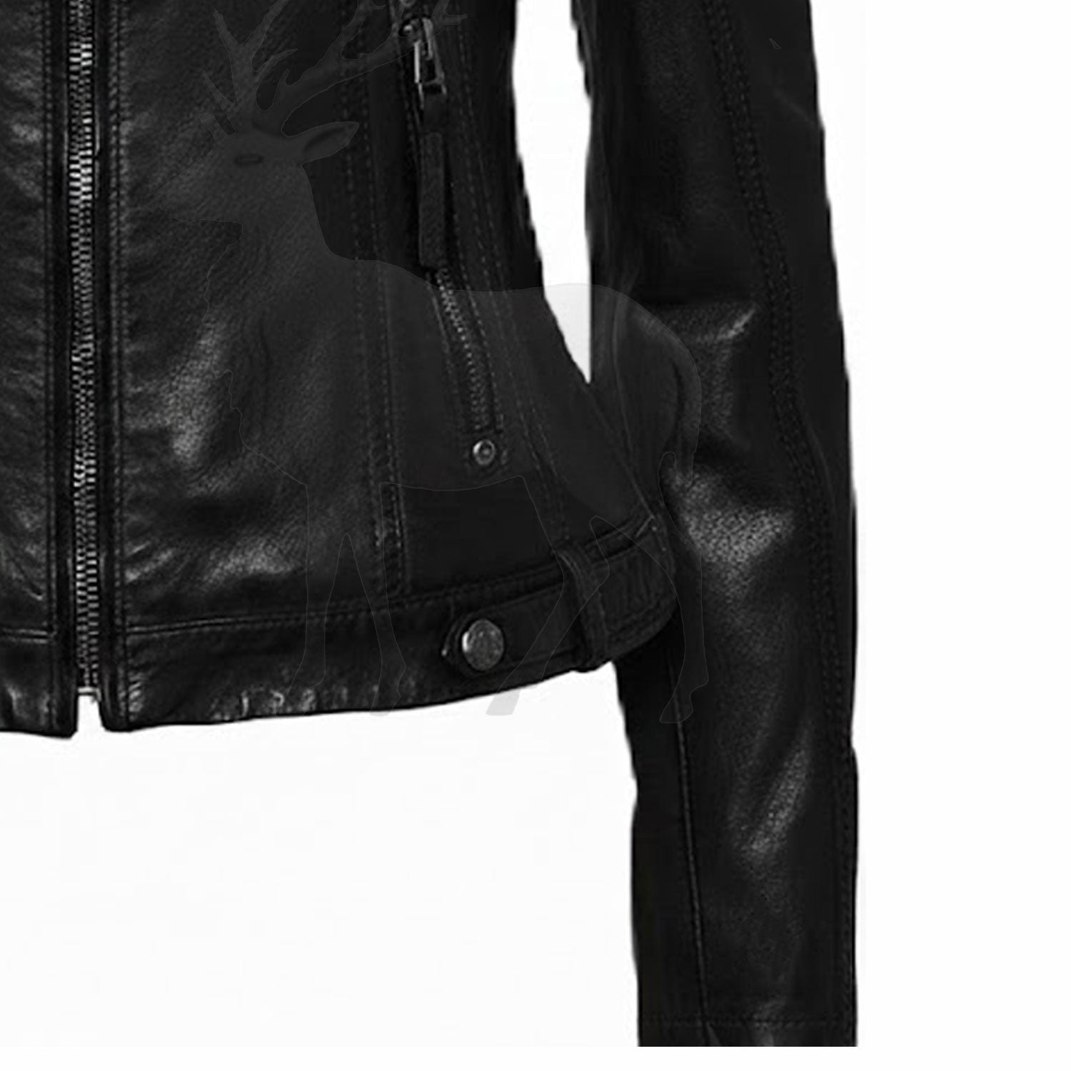 Close up sleeve detail of women’s black hooded leather jacket premium stitching smooth leather biker style finish