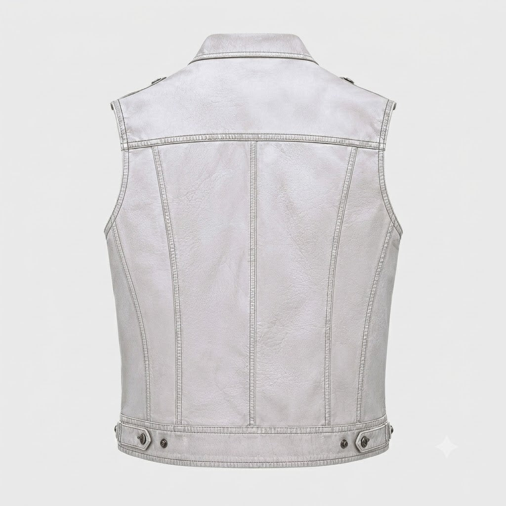 Ice white biker vest YKK brass zipper detail